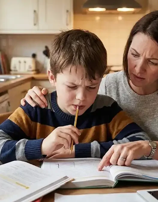 Bambino che fa i compiti con la mamma e sembra preoccupato davanti al libro