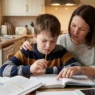 Bambino che fa i compiti con la mamma e sembra preoccupato davanti al libro