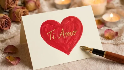 Un biglietto di auguri per San Valentino con un cuore rosso e una penna stilografica su sfondo romantico