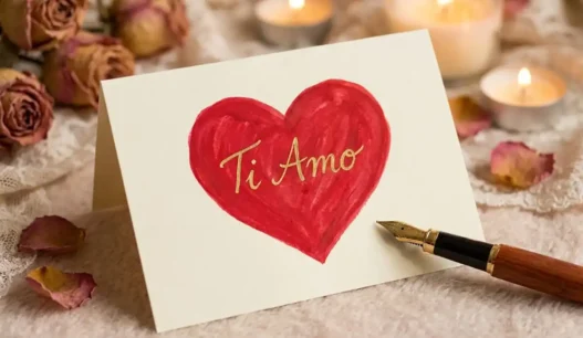 Un biglietto di auguri per San Valentino con un cuore rosso e una penna stilografica su sfondo romantico
