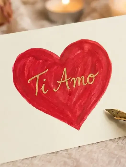 Un biglietto di auguri per San Valentino con un cuore rosso e una penna stilografica su sfondo romantico