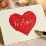 Un biglietto di auguri per San Valentino con un cuore rosso e una penna stilografica su sfondo romantico