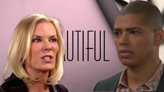 Brooke Logan con espressione arrabbiata discute con Zende negli uffici della Forrester Creations