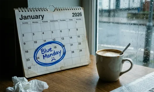 Calendario con la data del terzo lunedì di gennaio cerchiata in blu e una tazza di caffè