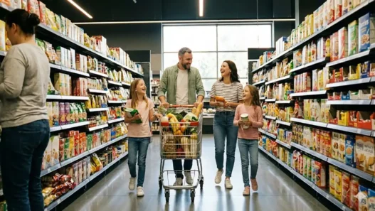 Carrello della spesa pieno in un corridoio di supermercato moderno