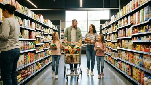 Carrello della spesa pieno in un corridoio di supermercato moderno
