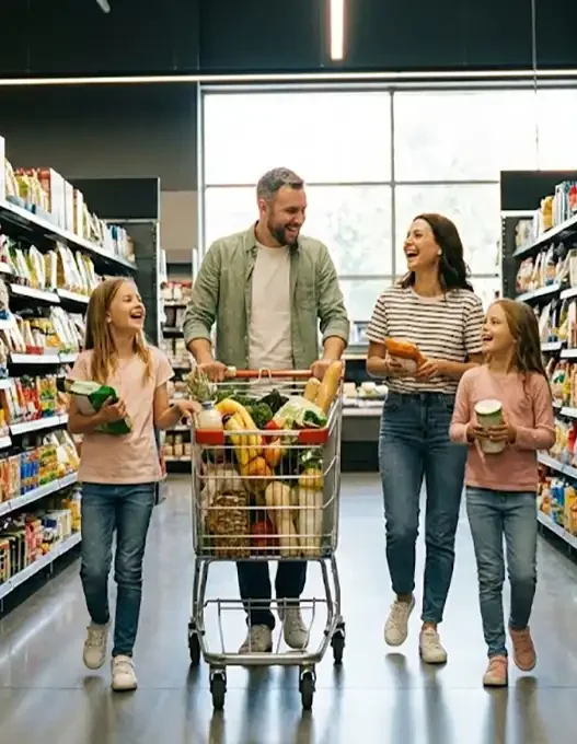 Carrello della spesa pieno in un corridoio di supermercato moderno