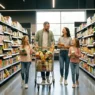 Carrello della spesa pieno in un corridoio di supermercato moderno