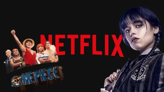 Collage con Jenna Ortega in Mercoledì e il logo Netflix