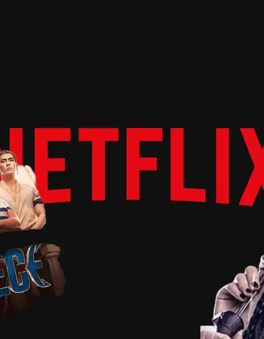 Collage con Jenna Ortega in Mercoledì e il logo Netflix