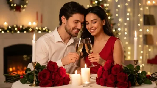 Coppia felice che brinda a lume di candela con sfondo sfocato e rose rosse per San Valentino