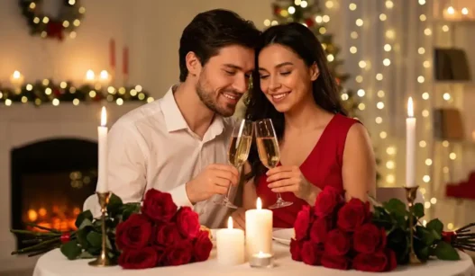 Coppia felice che brinda a lume di candela con sfondo sfocato e rose rosse per San Valentino