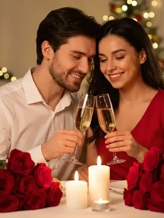 Coppia felice che brinda a lume di candela con sfondo sfocato e rose rosse per San Valentino