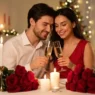 Coppia felice che brinda a lume di candela con sfondo sfocato e rose rosse per San Valentino