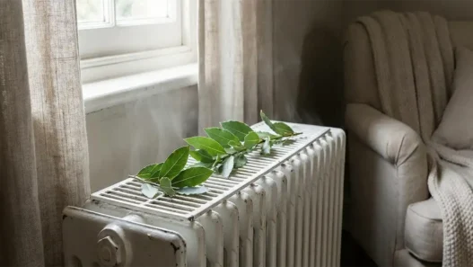 Foglie di alloro verde appoggiate su un termosifone bianco