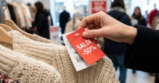 Mano che controlla un cartellino dei saldi su un maglione