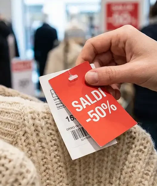 Mano che controlla un cartellino dei saldi su un maglione
