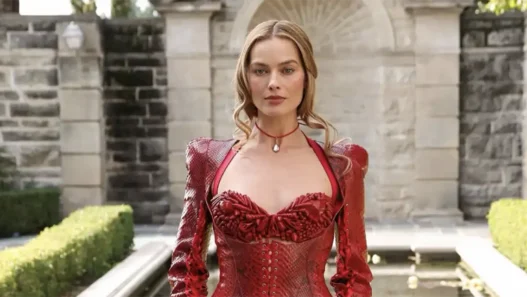 Margot Robbie indossa un completo rosso effetto pitone con corsetto e minigonna di Dilara Findikoglu durante la Paris Fashion Week 2026