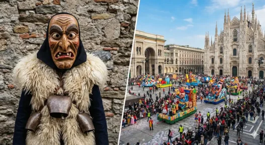 Maschera tradizionale del Carnevale di Schignano e sfilata in Piazza Duomo a Milano
