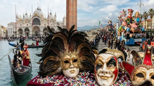 Maschere tradizionali del Carnevale italiano con coriandoli colorati