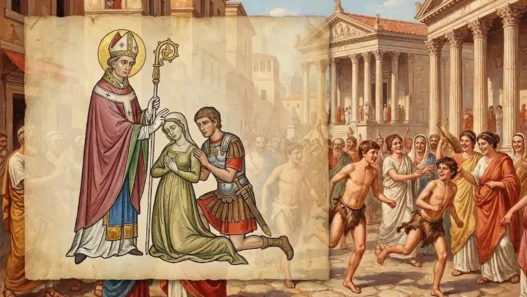 Illustrazione medievale di San Valentino che benedice due innamorati sovrapposta a una scena di antichi riti romani