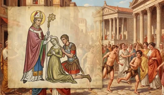 Illustrazione medievale di San Valentino che benedice due innamorati sovrapposta a una scena di antichi riti romani