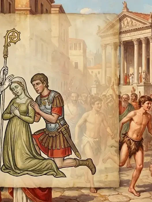 Illustrazione medievale di San Valentino che benedice due innamorati sovrapposta a una scena di antichi riti romani