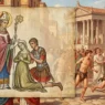 Illustrazione medievale di San Valentino che benedice due innamorati sovrapposta a una scena di antichi riti romani