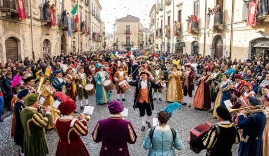 Sfilata delle Quadriglie di Palma Campania con costumi colorati e strumenti musicali