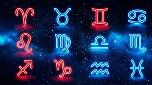 Simboli dello zodiaco illuminati da una luce rossa e blu su sfondo stellato