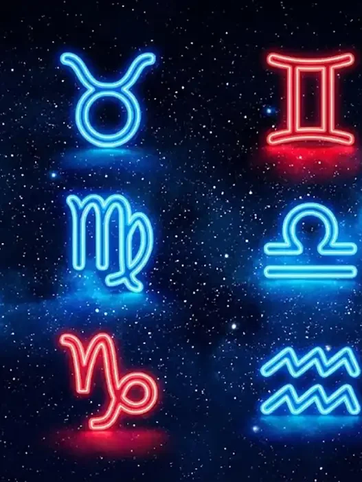 Simboli dello zodiaco illuminati da una luce rossa e blu su sfondo stellato