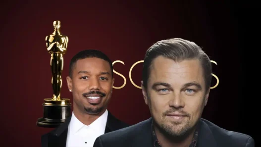 Statuetta degli Oscar in primo piano con sullo sfondo i volti di Leonardo DiCaprio e Michael B. Jordan