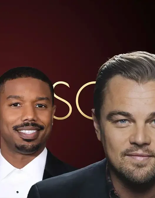 Statuetta degli Oscar in primo piano con sullo sfondo i volti di Leonardo DiCaprio e Michael B. Jordan
