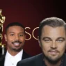 Statuetta degli Oscar in primo piano con sullo sfondo i volti di Leonardo DiCaprio e Michael B. Jordan