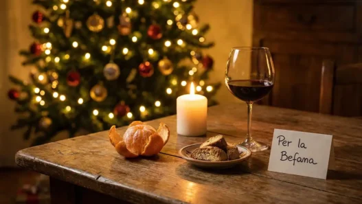 Tavolo preparato per la Befana vino e mandarini notte 5 gennaio.