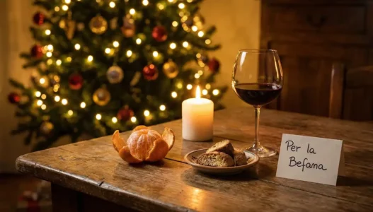 Tavolo preparato per la Befana vino e mandarini notte 5 gennaio.