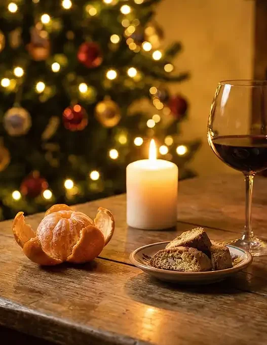 Tavolo preparato per la Befana vino e mandarini notte 5 gennaio.