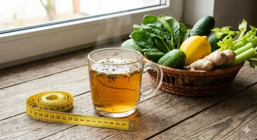 Tisana depurativa e metro da sarta su un tavolo con verdure fresche