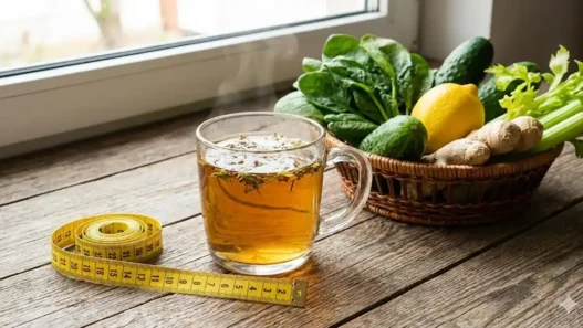 Tisana depurativa e metro da sarta su un tavolo con verdure fresche