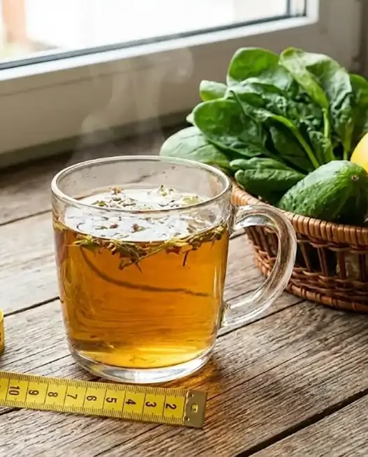 Tisana depurativa e metro da sarta su un tavolo con verdure fresche