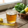 Tisana depurativa e metro da sarta su un tavolo con verdure fresche
