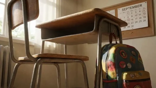 Un banco di scuola vuoto con uno zaino colorato e un calendario sullo sfondo.