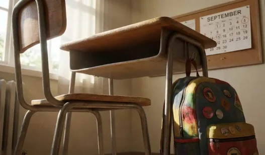 Un banco di scuola vuoto con uno zaino colorato e un calendario sullo sfondo.