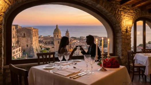 Tavolo apparecchiato per due a lume di candela con vista panoramica in un ristorante romantico italiano.