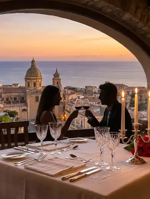 Tavolo apparecchiato per due a lume di candela con vista panoramica in un ristorante romantico italiano.