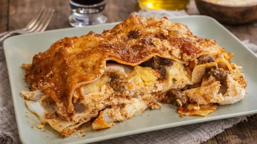 Un piatto di Lasagna di Carnevale con un bicchiere di vino accanto
