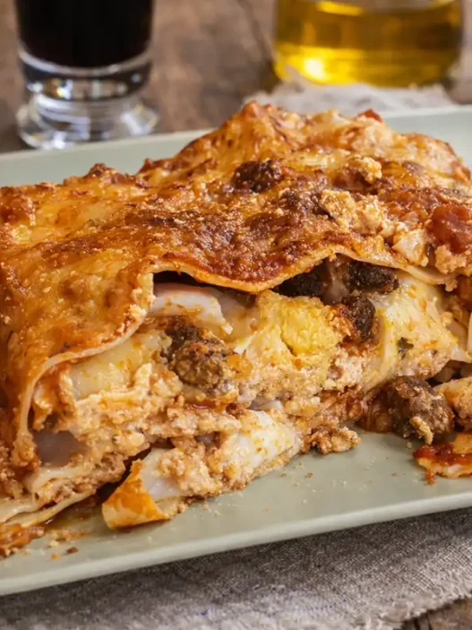 Un piatto di Lasagna di Carnevale con un bicchiere di vino accanto