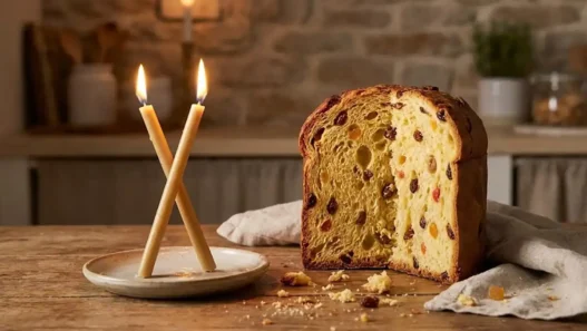Una fetta di panettone accanto a due candele incrociate, simbolo della benedizione di San Biagio