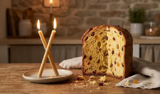 Una fetta di panettone accanto a due candele incrociate, simbolo della benedizione di San Biagio