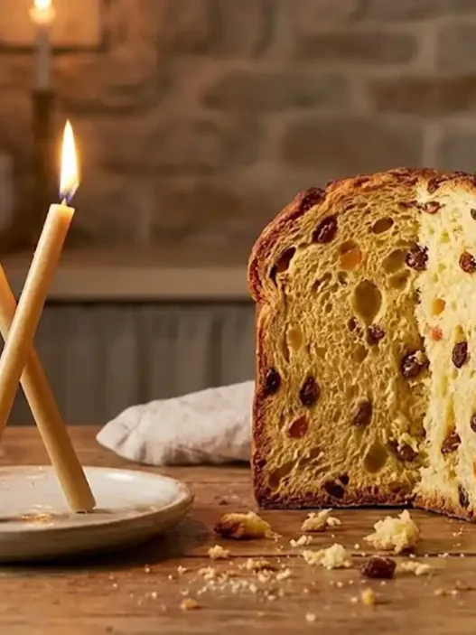 Una fetta di panettone accanto a due candele incrociate, simbolo della benedizione di San Biagio